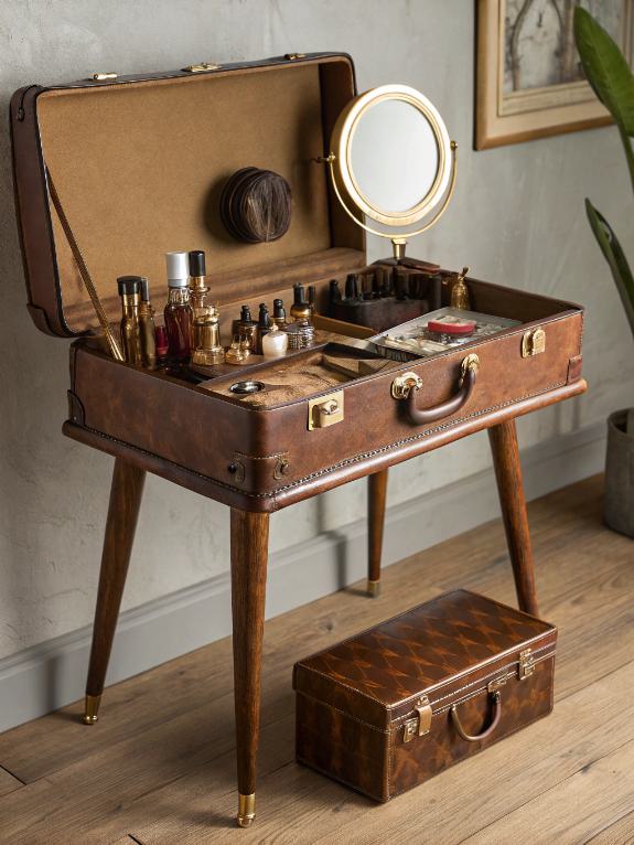 retro luggage makeup station