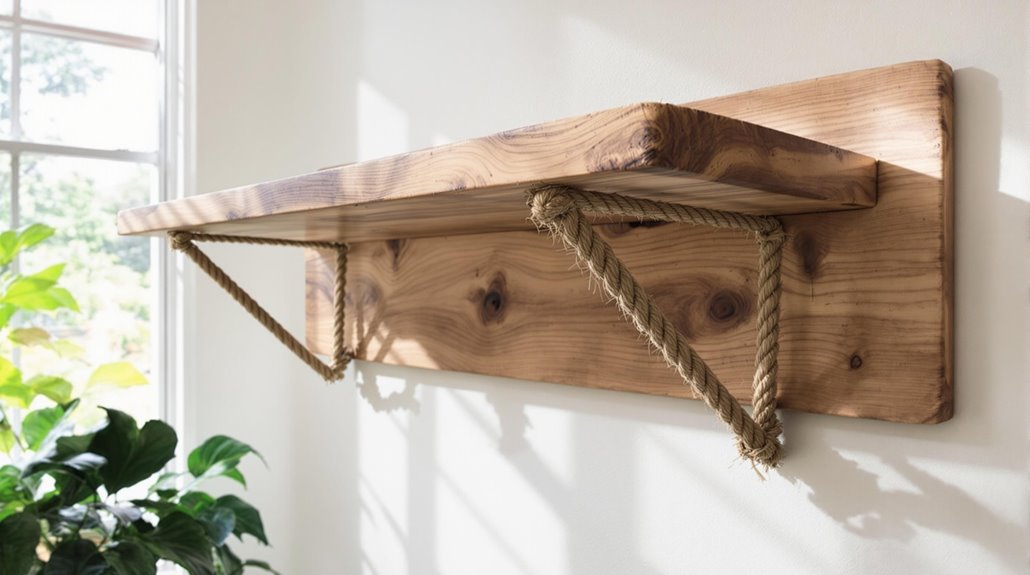 rope supports wooden shelves