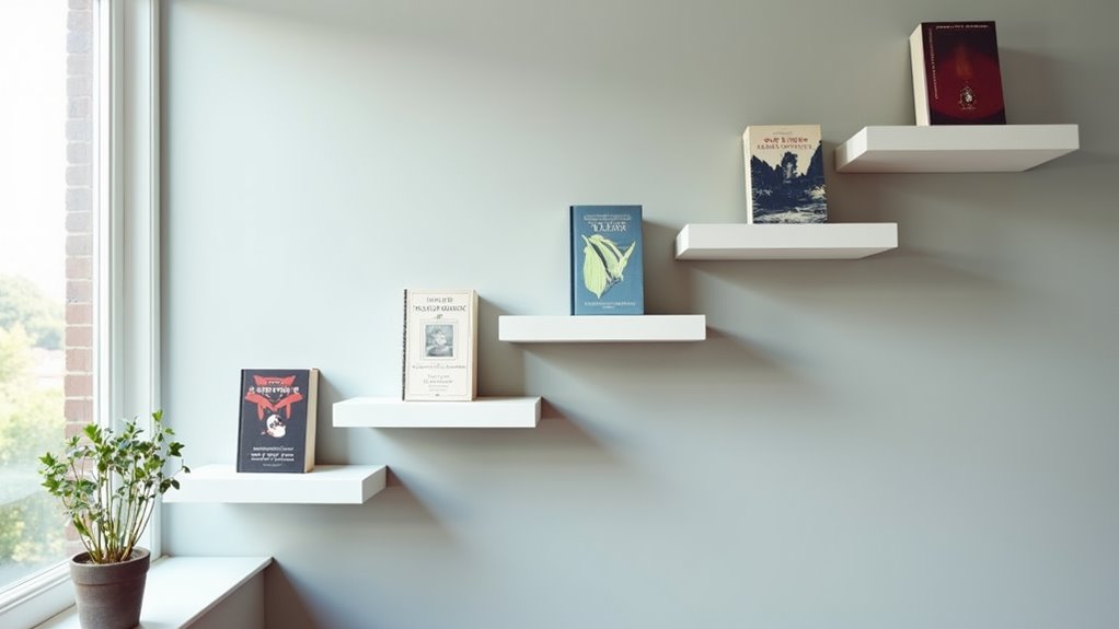 suspended literary showcase shelves